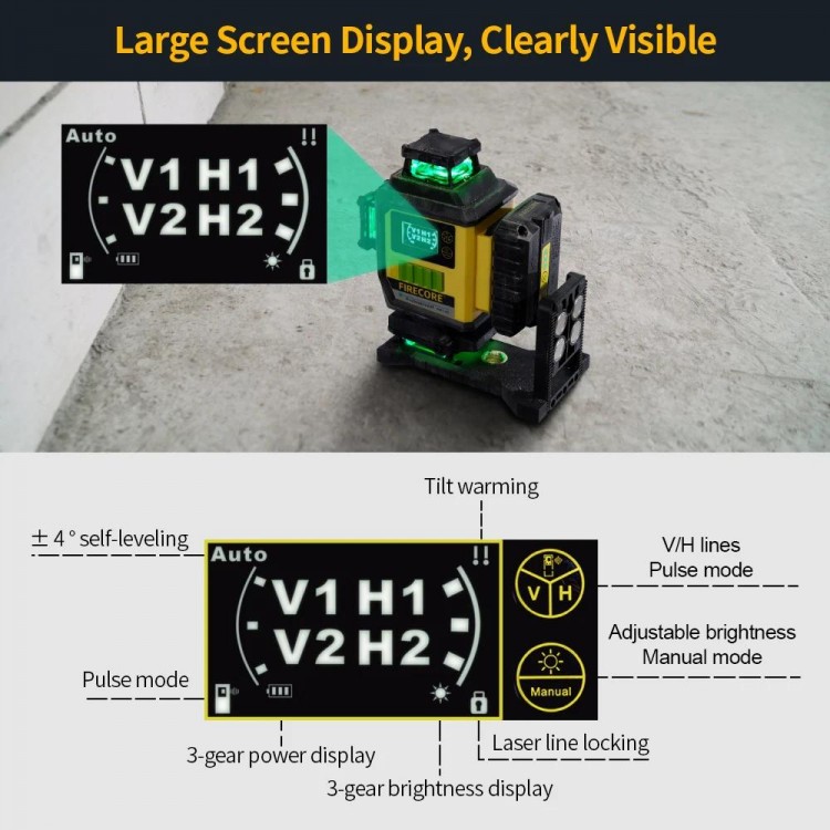 FIRECORE F95T-4G 16 lines 4D Green Laser Level 360 6700mAh Li-ion Battery Self-Leveling Remote Control Integrated L-Bracket