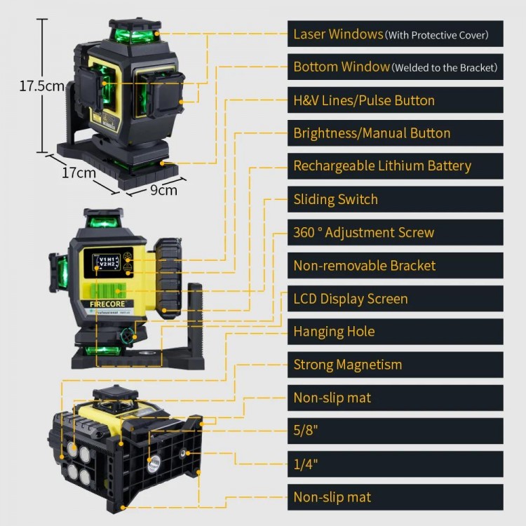 FIRECORE F95T-4G 16 lines 4D Green Laser Level 360 6700mAh Li-ion Battery Self-Leveling Remote Control Integrated L-Bracket