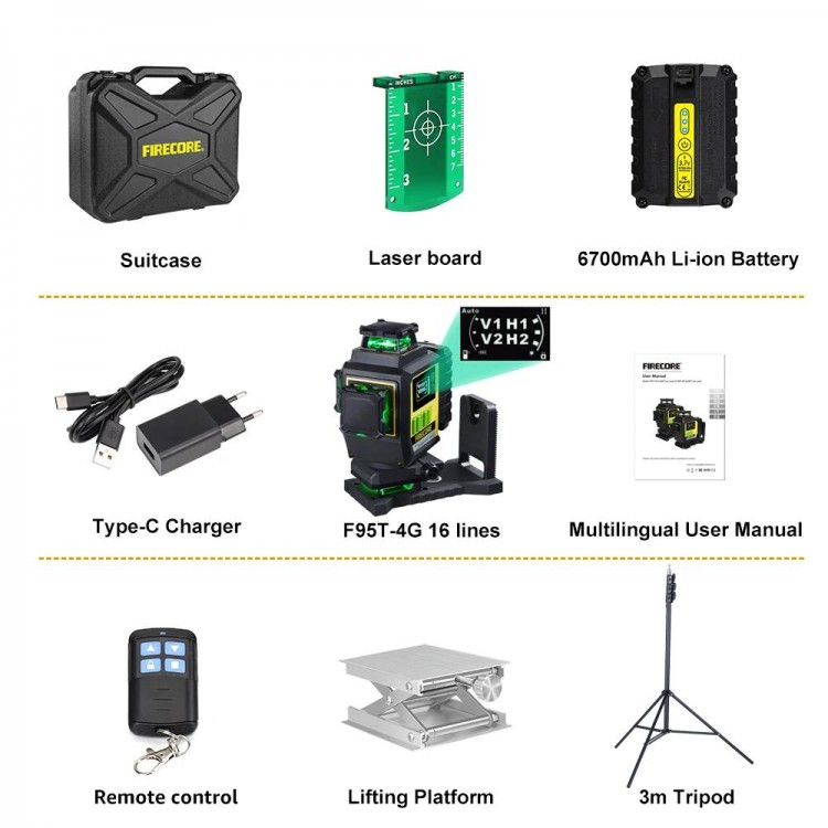 FIRECORE F95T-4G 16 lines 4D Green Laser Level 360 6700mAh Li-ion Battery Self-Leveling Remote Control Integrated L-Bracket