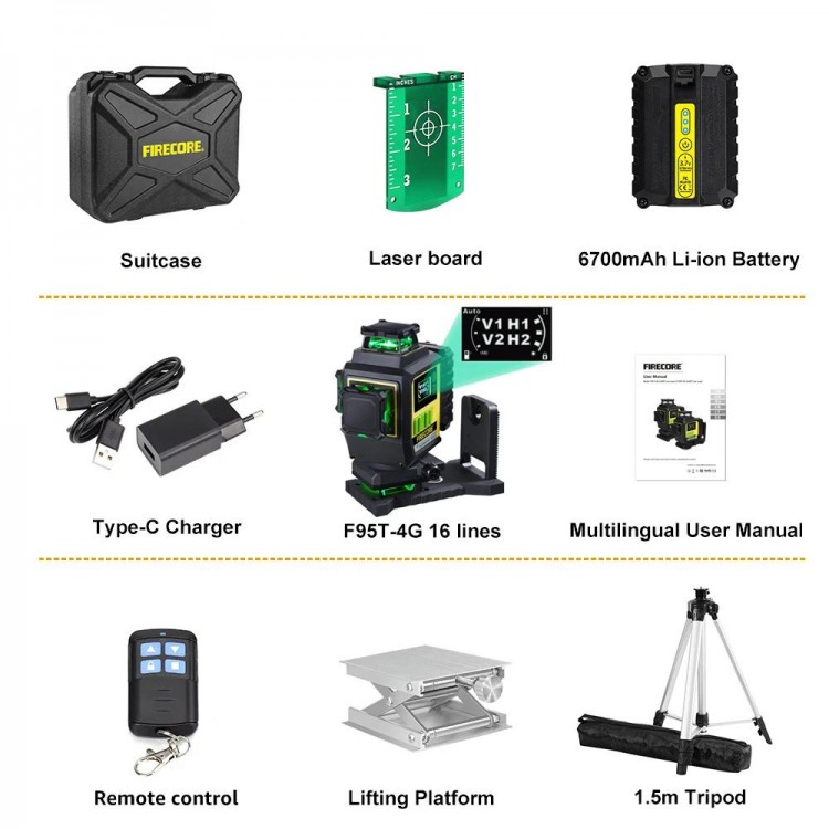 FIRECORE F95T-4G 16 lines 4D Green Laser Level 360 6700mAh Li-ion Battery Self-Leveling Remote Control Integrated L-Bracket