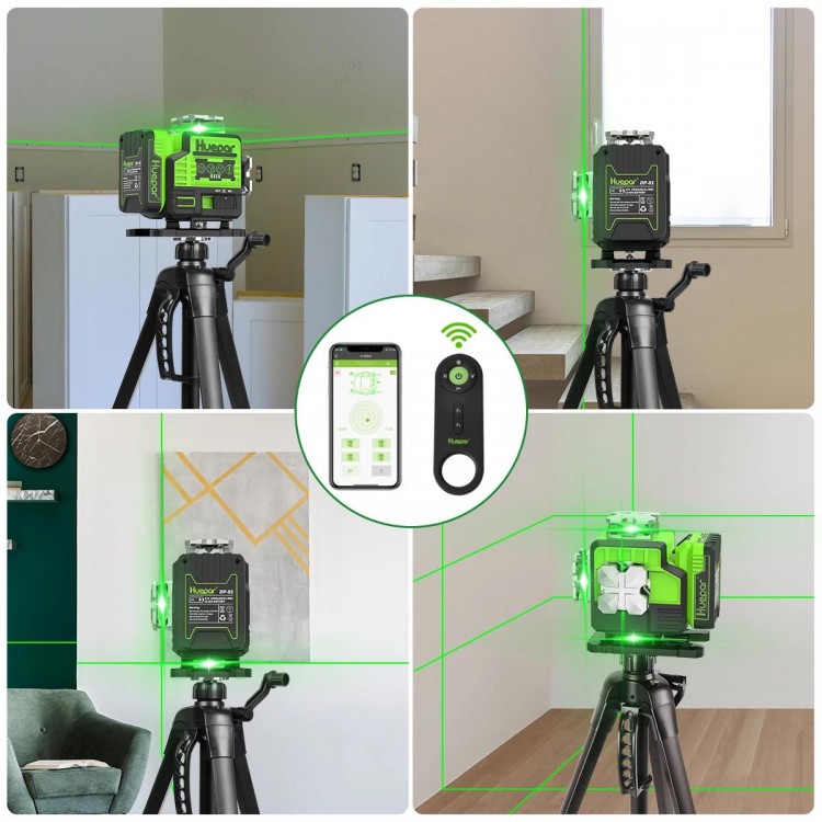 Huepar 16 Lines Laser Level With Receiver Tripod Rangefinder 4D Green Self-level Bluetooth Laser Tool Remote Control & Hard Case