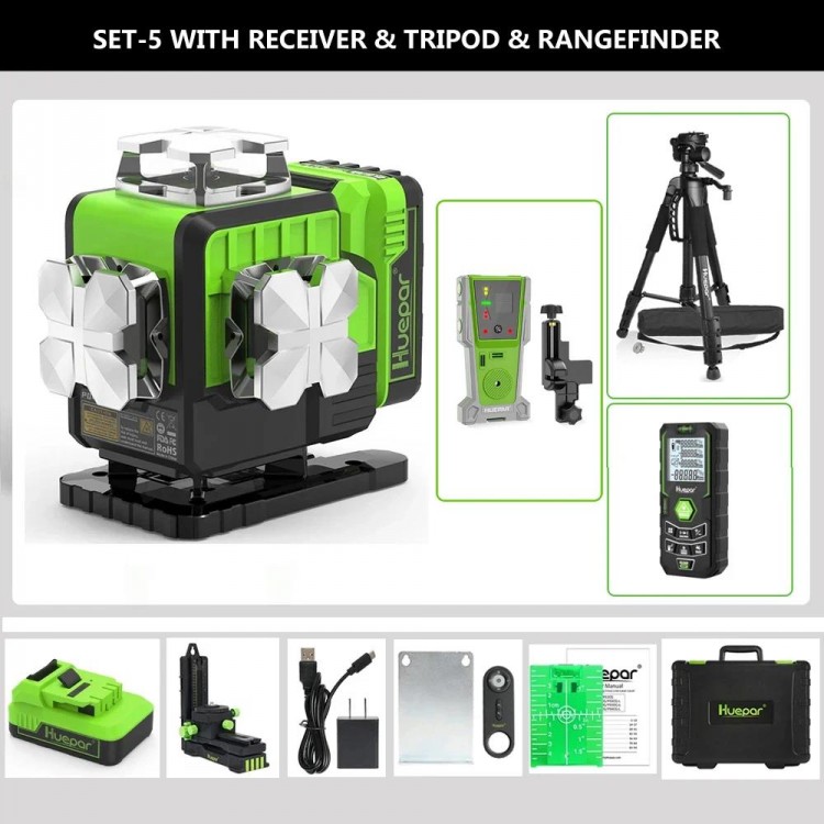 Huepar 16 Lines Laser Level With Receiver Tripod Rangefinder 4D Green Self-level Bluetooth Laser Tool Remote Control & Hard Case