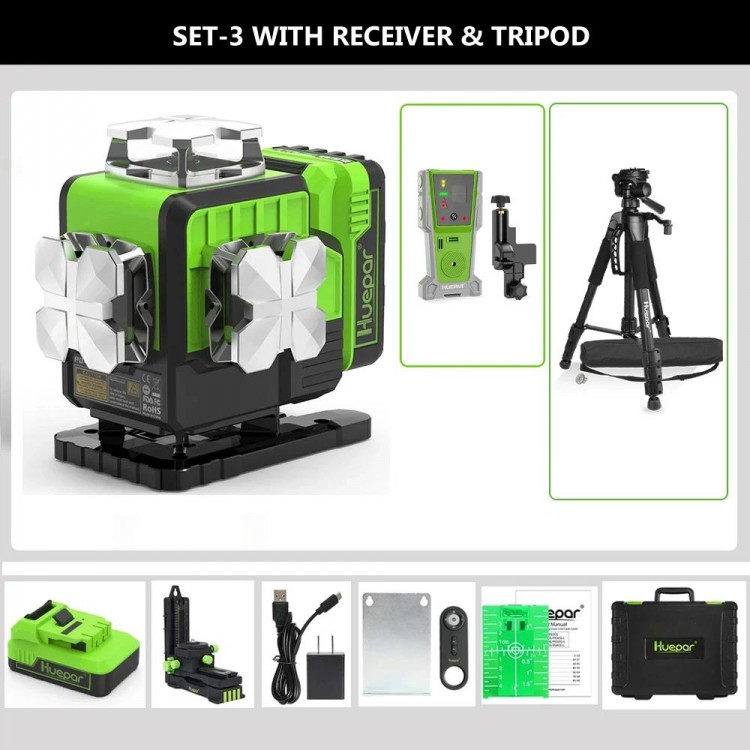 Huepar 16 Lines Laser Level With Receiver Tripod Rangefinder 4D Green Self-level Bluetooth Laser Tool Remote Control & Hard Case