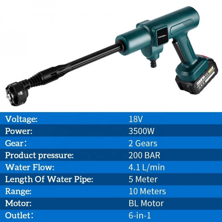 200Bar 3500W Brushless Electric High Pressure Washer 6-in-1 Car Washing Garden Water Gun Battery Spray Gun
