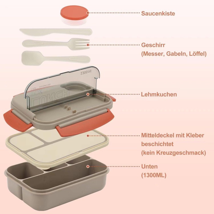 Bento Box with Compartments, 1300 ml Lunch Box for Adults