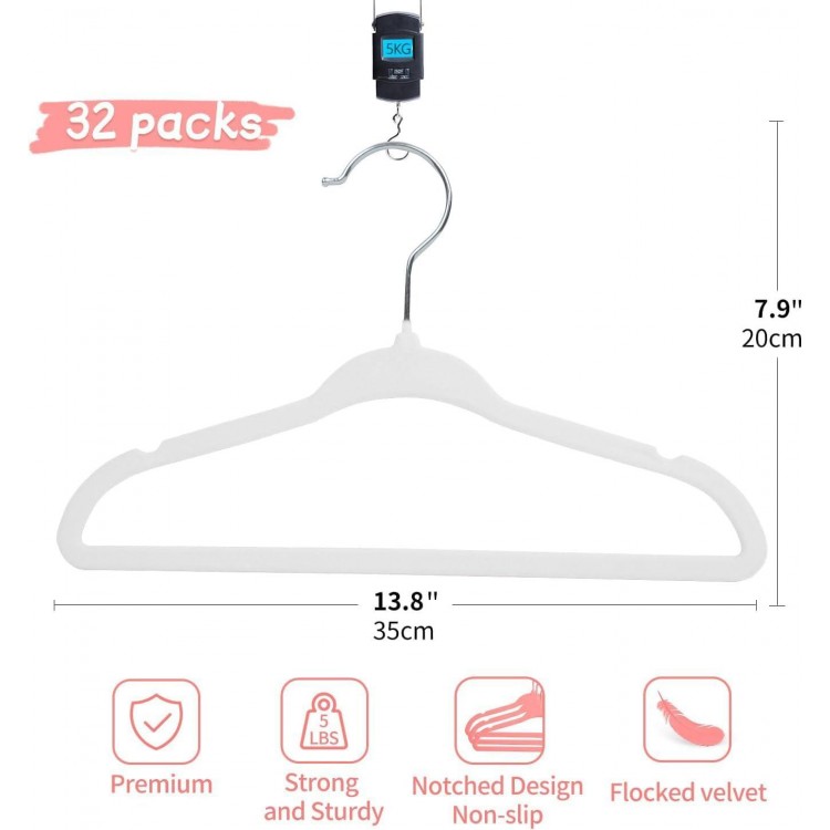 Children's Velvet Hangers, 35 cm, Pack of 32, Hangers with Notched Design, Ultra Thin and Space-Saving