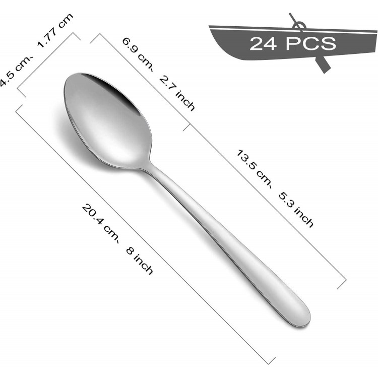 24 Piece Soup Spoon Set, 8 Inch (20.4 cm) Spoon Set, Stainless Steel Tablespoon, Mirror Polished Table Spoon