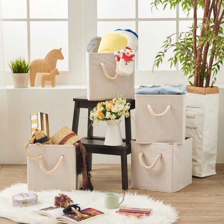 4pcs Cotton Folding Storage Box Storage Basket with Strong Handles 26.7 x 26.7 x 28 cm