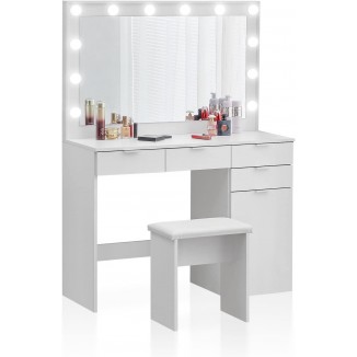 Dressing Table with LED Lighting and Stool, White, Dressing Table