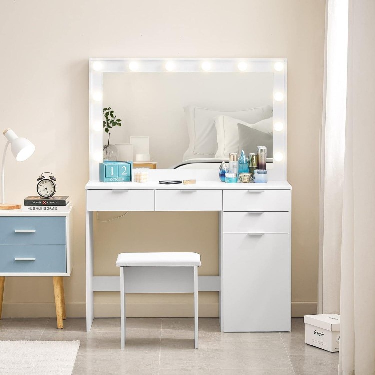 Dressing Table with LED Lighting and Stool, White, Dressing Table