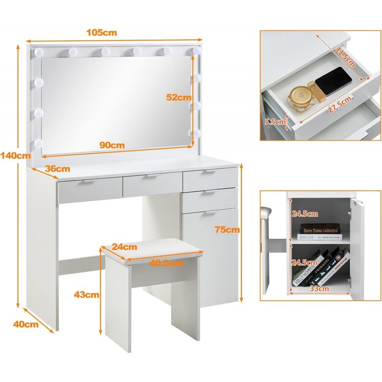 Dressing Table with LED Lighting and Stool, White, Dressing Table