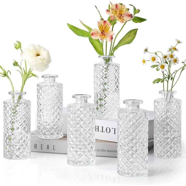 ComSaf Small Vase Set, 6 Pieces, Glass Vase, Small Diamond Bud Vases, Mini Flower Vases, Small Vases