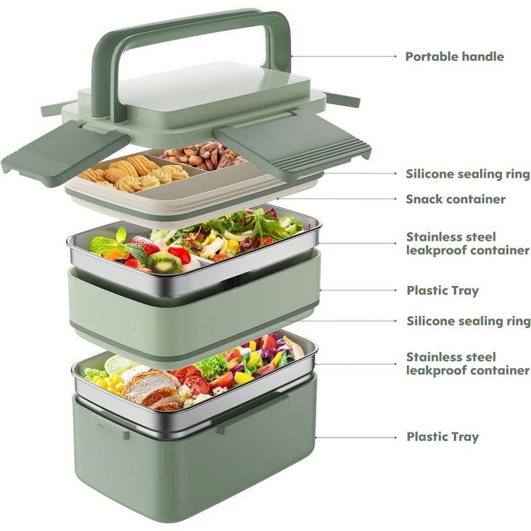 Bento Box, Adult Lunch Box with Stainless Steel Compartment