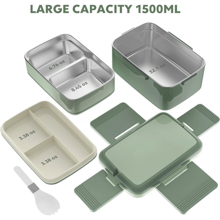Bento Box, Adult Lunch Box with Stainless Steel Compartment