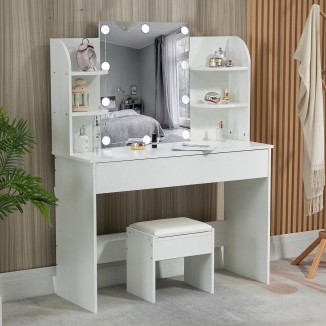 Dressing Table with Lighting, Mirror, Stool, Drawer & 4 Shelves