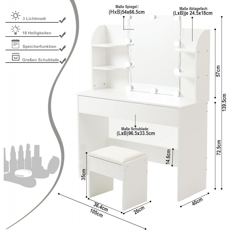 Dressing Table with Lighting, Mirror, Stool, Drawer & 4 Shelves