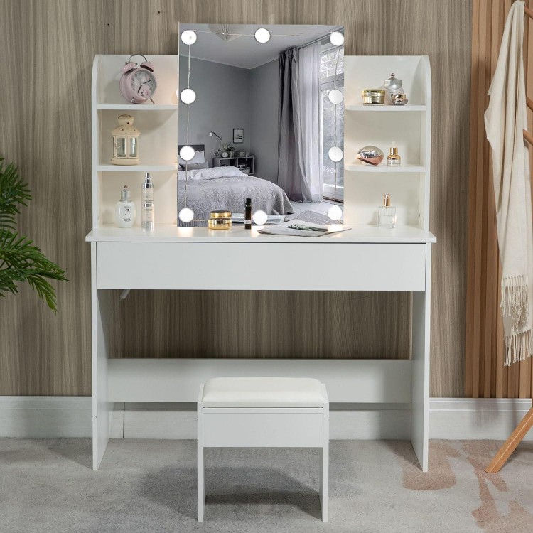 Dressing Table with Lighting, Mirror, Stool, Drawer & 4 Shelves