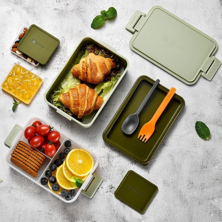 Adult Lunch Box with 3 Compartments, Bento Box with Sauce Container