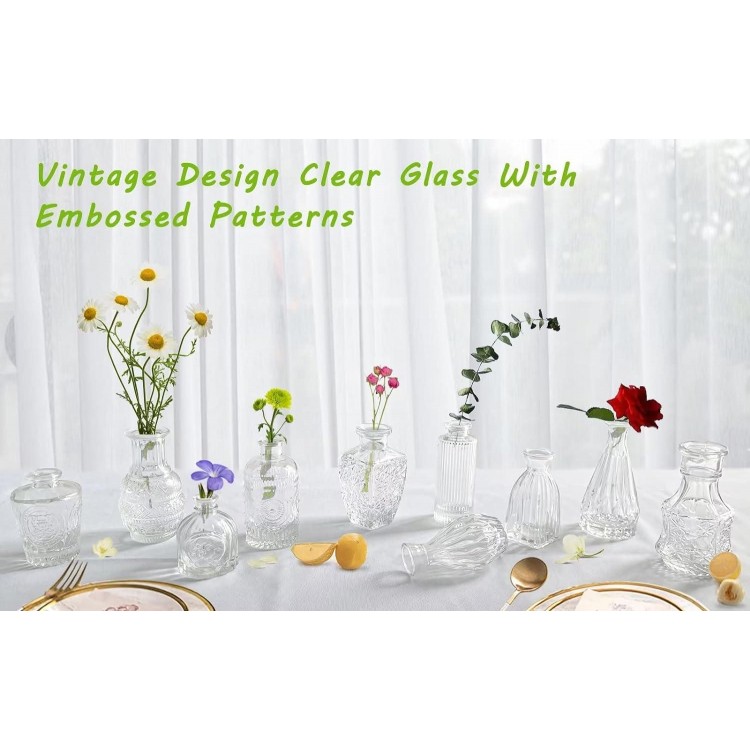 Mini Vases Set, 10 Pieces Small Glass Vase, Vintage Decorative Vases Set, Various Sizes, Flower Vase