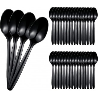 Pack of 100 black plastic spoons, egg spoons, plastic spoons, soup spoons, plastic spoons