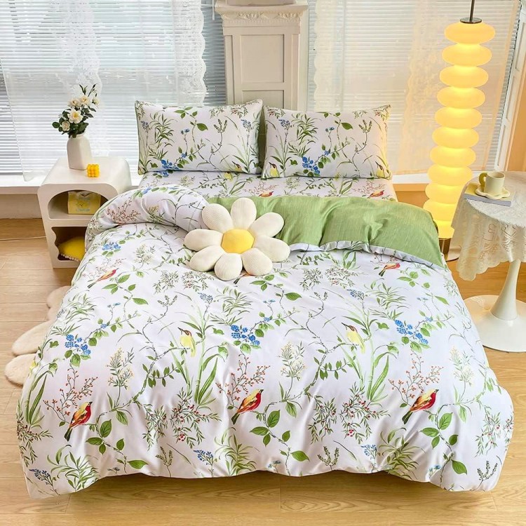 4-Piece White Green Flowers Leaves Plants Reversible Bed Linen Set