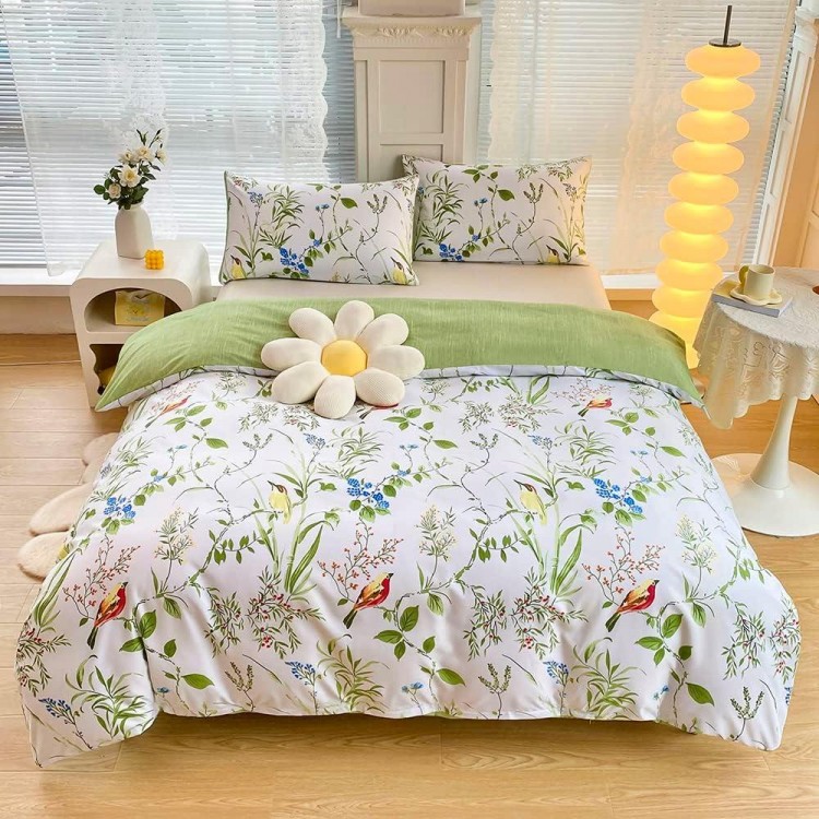 4-Piece White Green Flowers Leaves Plants Reversible Bed Linen Set