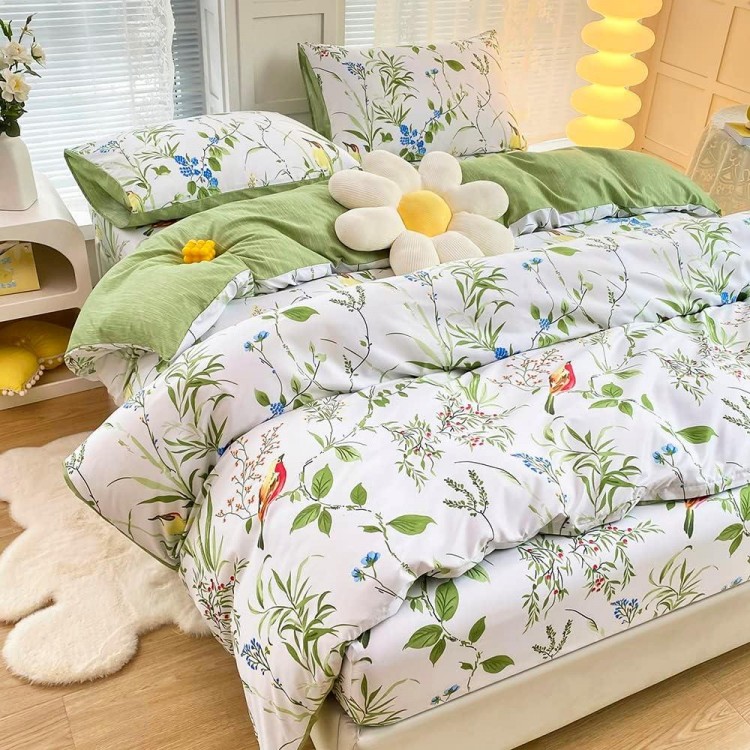 4-Piece White Green Flowers Leaves Plants Reversible Bed Linen Set