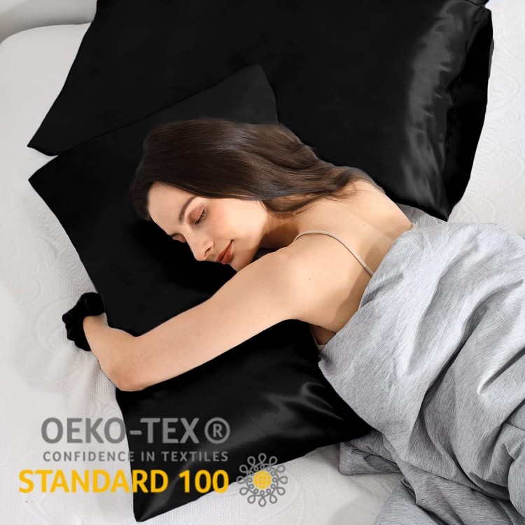 Cushion Cover 40 x 80 cm with Hair Scrunchie & Hair Cap Black, Premiun Pillowcase 40 x 80 cm