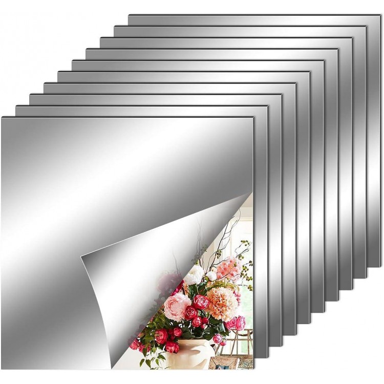 Pack of 10 Mirror Tiles, Self-Adhesive Mirror Wall Stickers