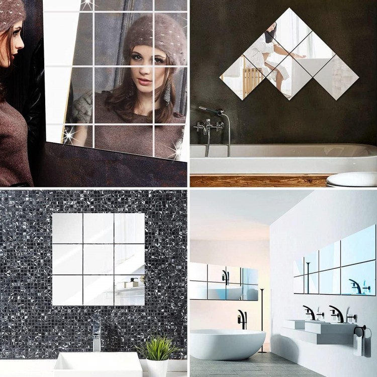 Pack of 10 Mirror Tiles, Self-Adhesive Mirror Wall Stickers