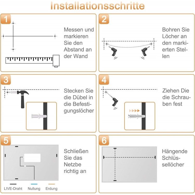 LED Bathroom Mirror with Lighting, 50 x 70 cm, Bathroom Wall Mirror