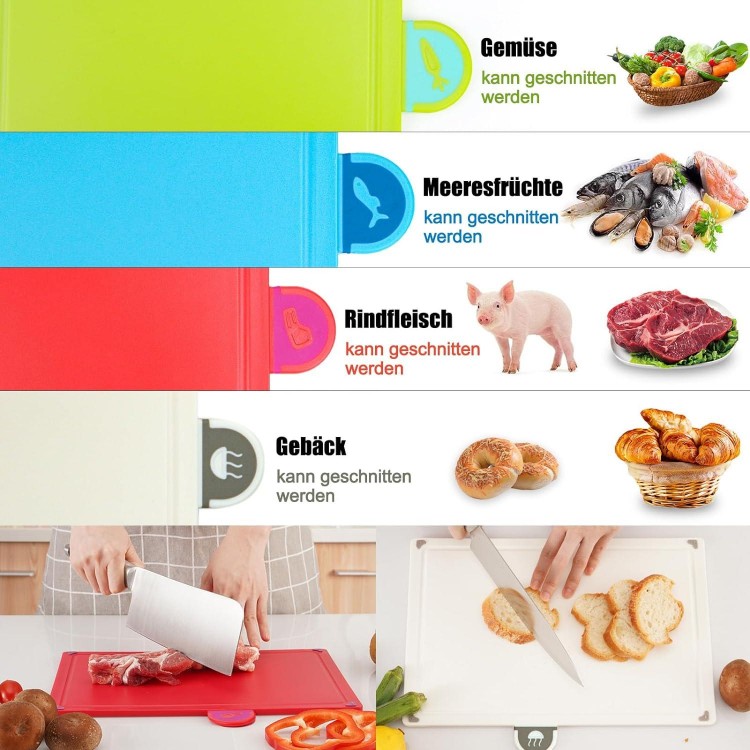 Chopping Board, Set of 4 Colour Plastic Cutting Board with Food Icons