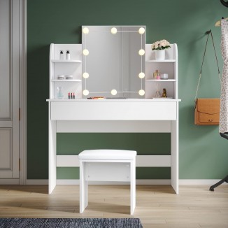 Dressing Table with Lighting and Stool Modern White Cosmetic Table