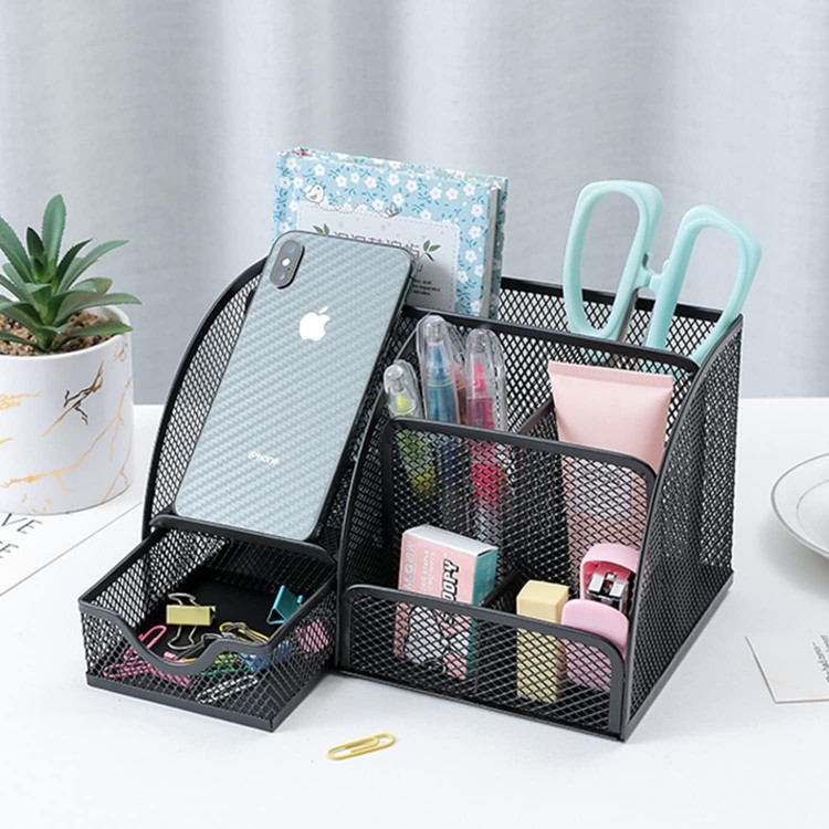 Desk Organiser, Mesh Metal Pen Holder Desk with Drawer, Space Saving Office Organiser