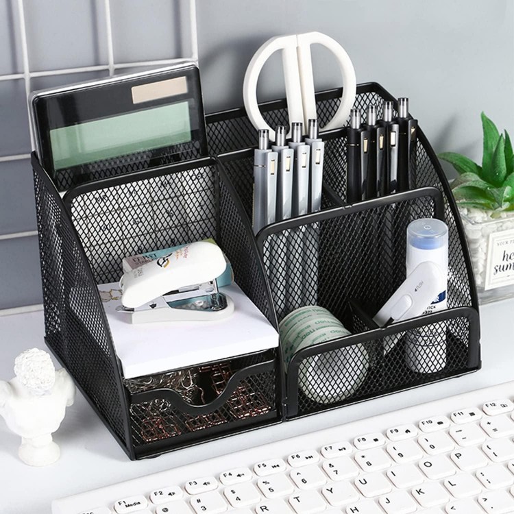 Desk Organiser, Mesh Metal Pen Holder Desk with Drawer, Space Saving Office Organiser