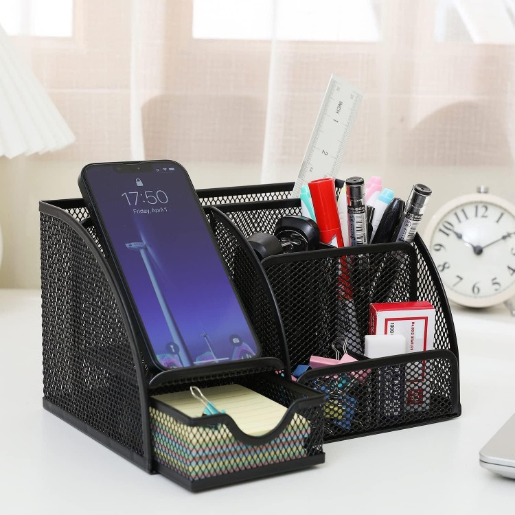 Desk Organiser, Mesh Metal Pen Holder Desk with Drawer, Space Saving Office Organiser