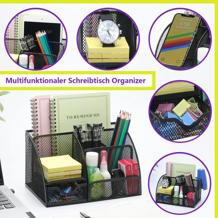 Desk Organiser, Mesh Metal Pen Holder Desk with Drawer, Space Saving Office Organiser