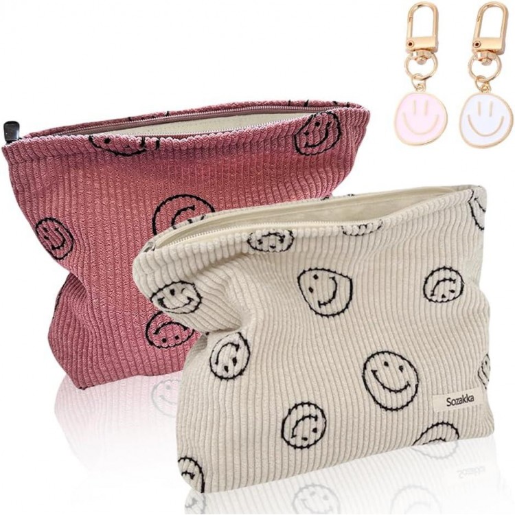 Cosmetic Bag Corduroy, Pack of 2 Smile Cosmetic Bag, Make Up Bag Women