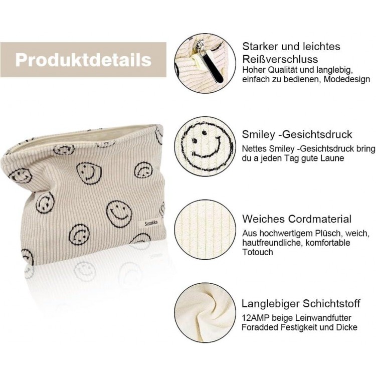 Cosmetic Bag Corduroy, Pack of 2 Smile Cosmetic Bag, Make Up Bag Women