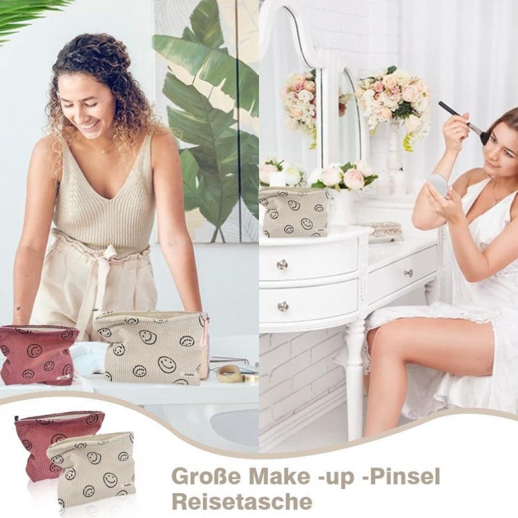 Cosmetic Bag Corduroy, Pack of 2 Smile Cosmetic Bag, Make Up Bag Women