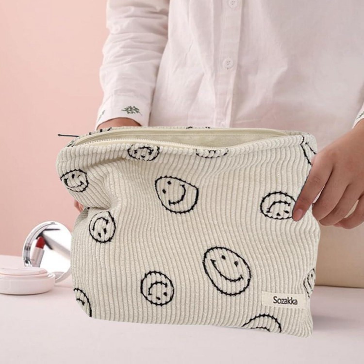 Cosmetic Bag Corduroy, Pack of 2 Smile Cosmetic Bag, Make Up Bag Women