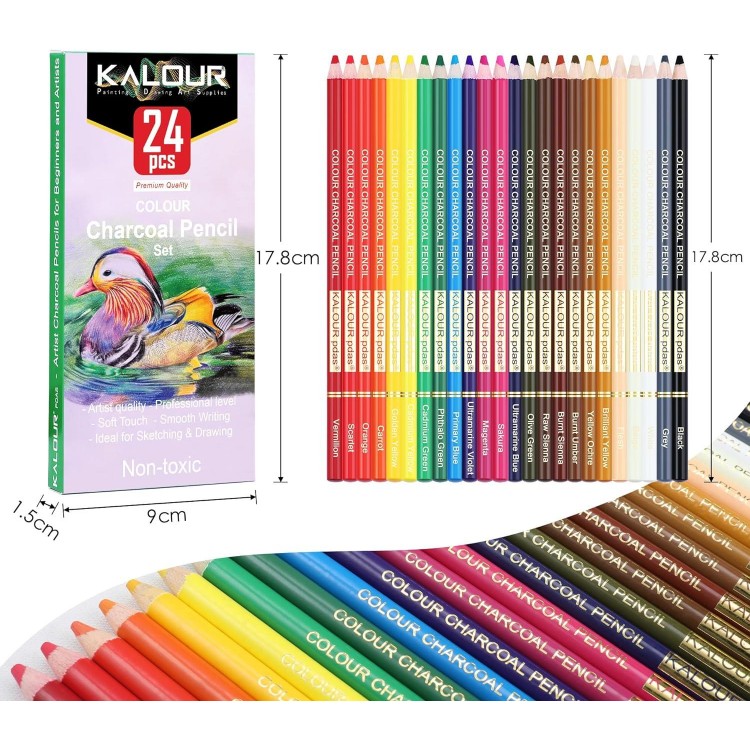 24 Coloured Charcoal Pencils Drawing Set Premium Quality Pencils