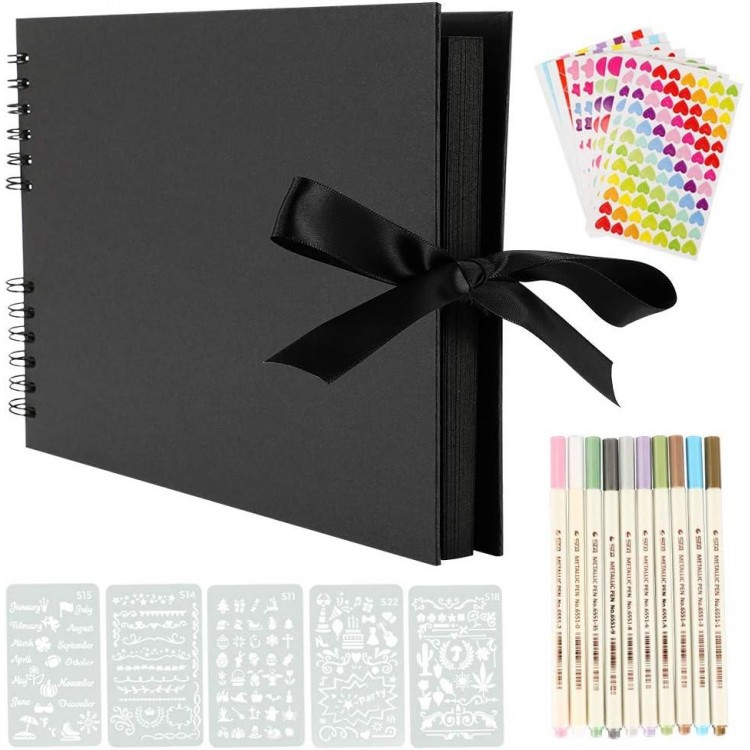  DIY Photo Album, Linen Scrapbook 80 Black Pages Refillable Photo Book to Paste In,