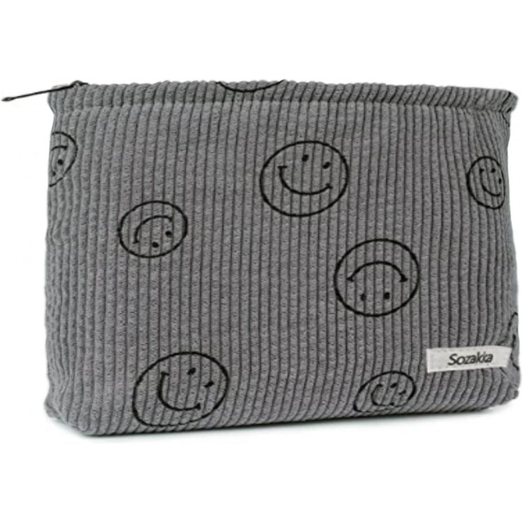 Corduroy Cosmetic Bag with Smile Face, Pencil Case, Make Up Bag