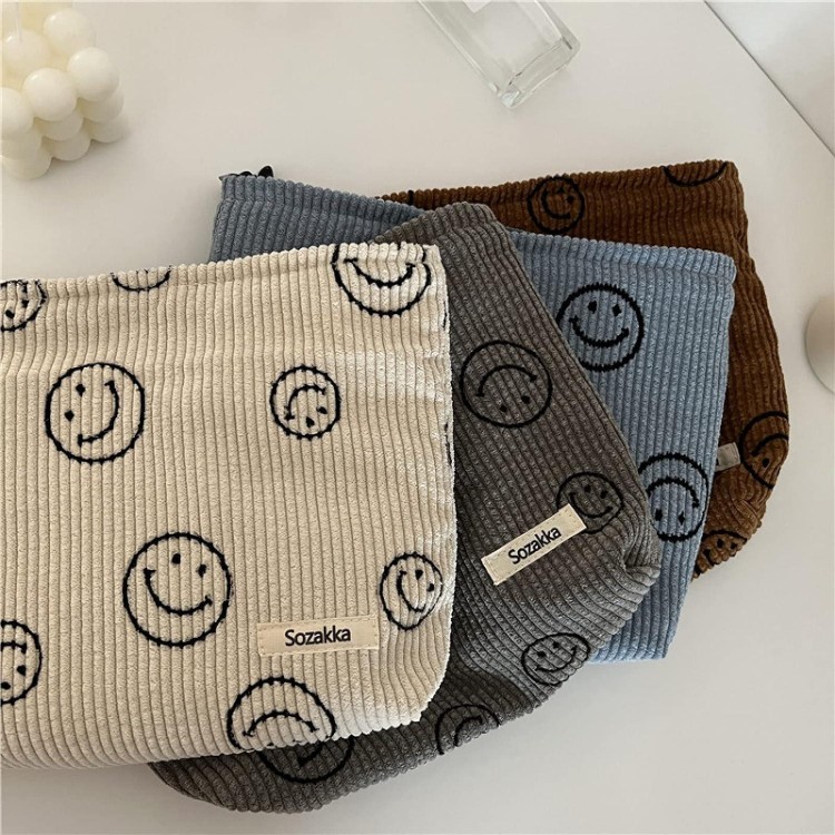 Corduroy Cosmetic Bag with Smile Face, Pencil Case, Make Up Bag