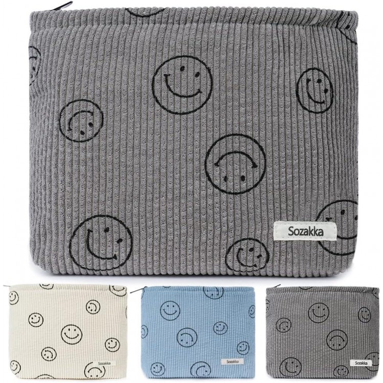 Corduroy Cosmetic Bag with Smile Face, Pencil Case, Make Up Bag