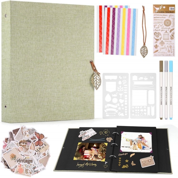 Linen Photo Album, DIY Photo Album with 60 Pages Black Scrapbook