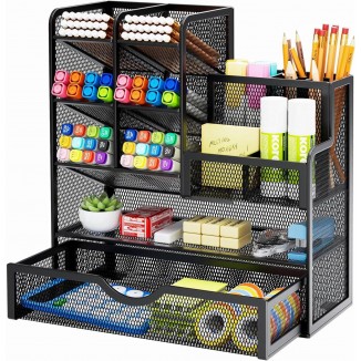 Desk Organiser, Multifunctional Pen Holder with Drawer, Storage Shelf for School, Home