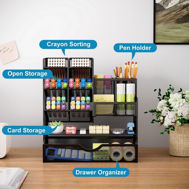 Desk Organiser, Multifunctional Pen Holder with Drawer, Storage Shelf for School, Home