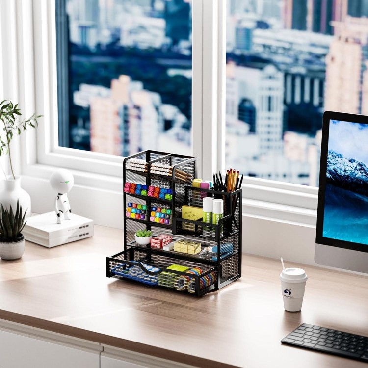 Desk Organiser, Multifunctional Pen Holder with Drawer, Storage Shelf for School, Home